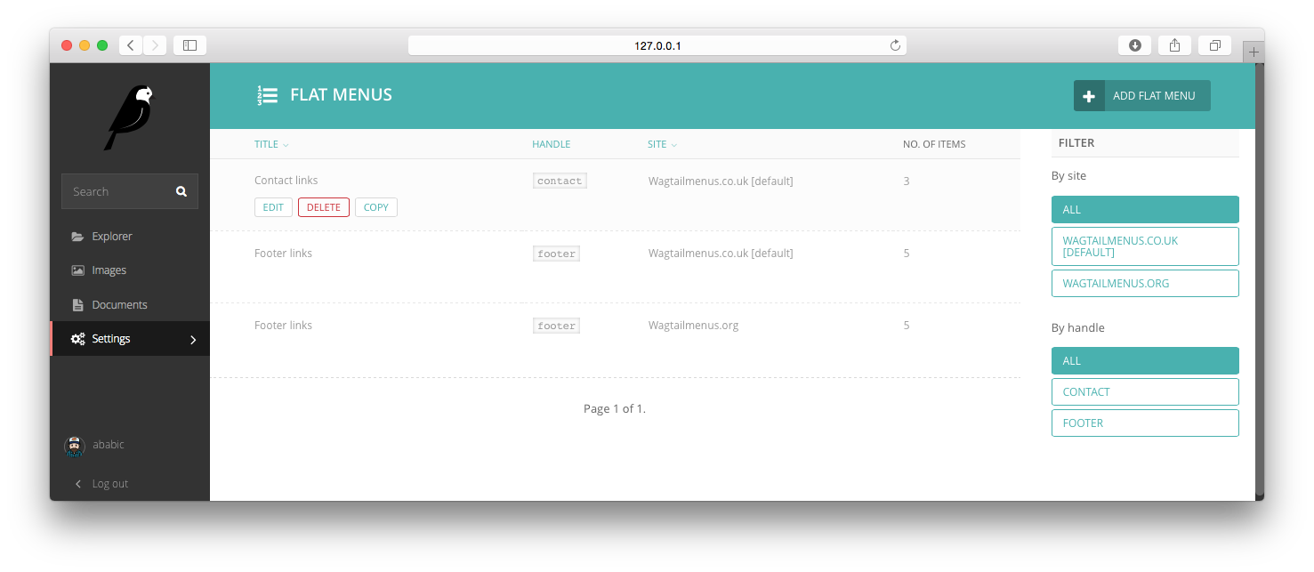 Screenshot showing the FlatMenu listing page for a multi-site setup