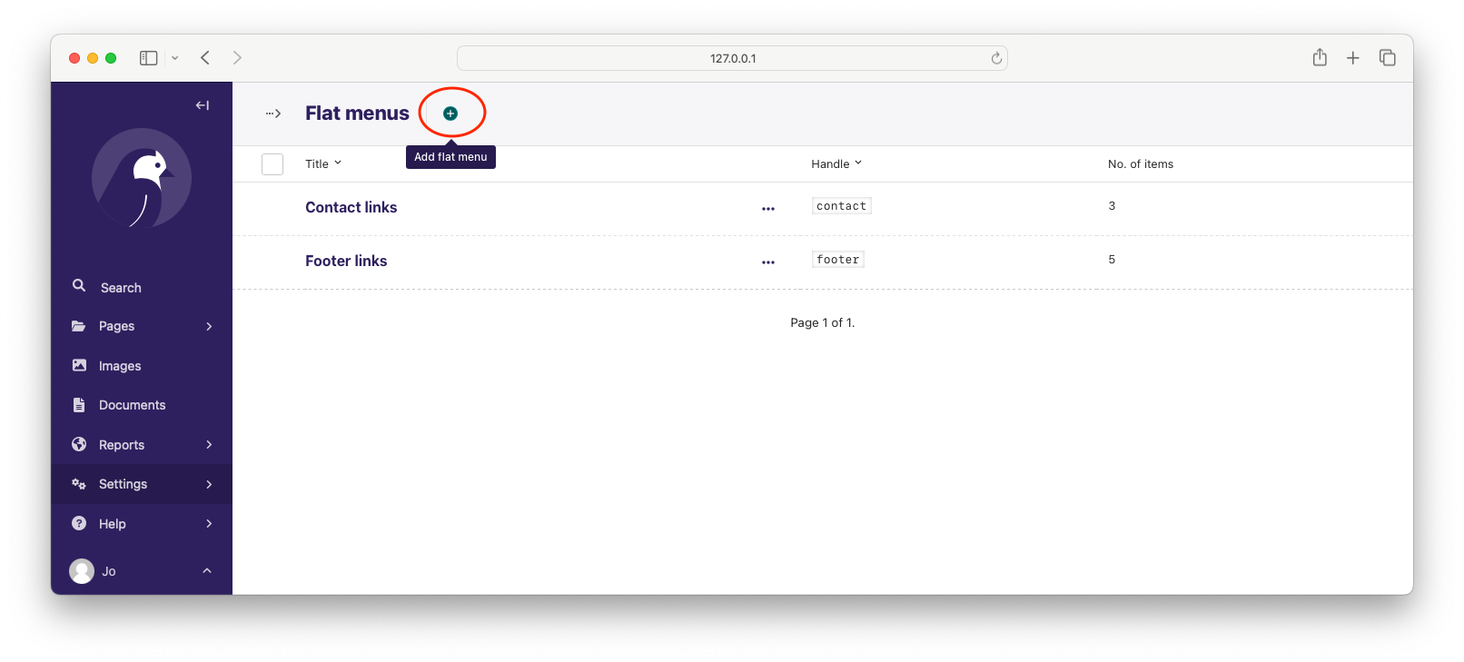 Screenshot indicating the location of the "Add flat menu" button