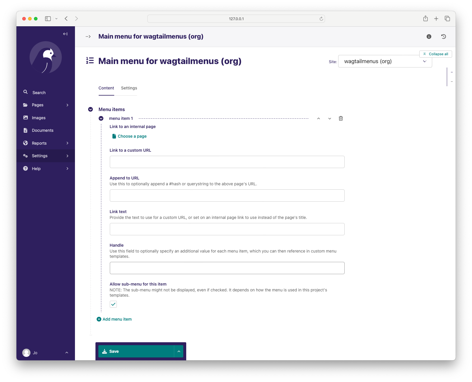 Screenshot of main menu edit page in Wagtail admin