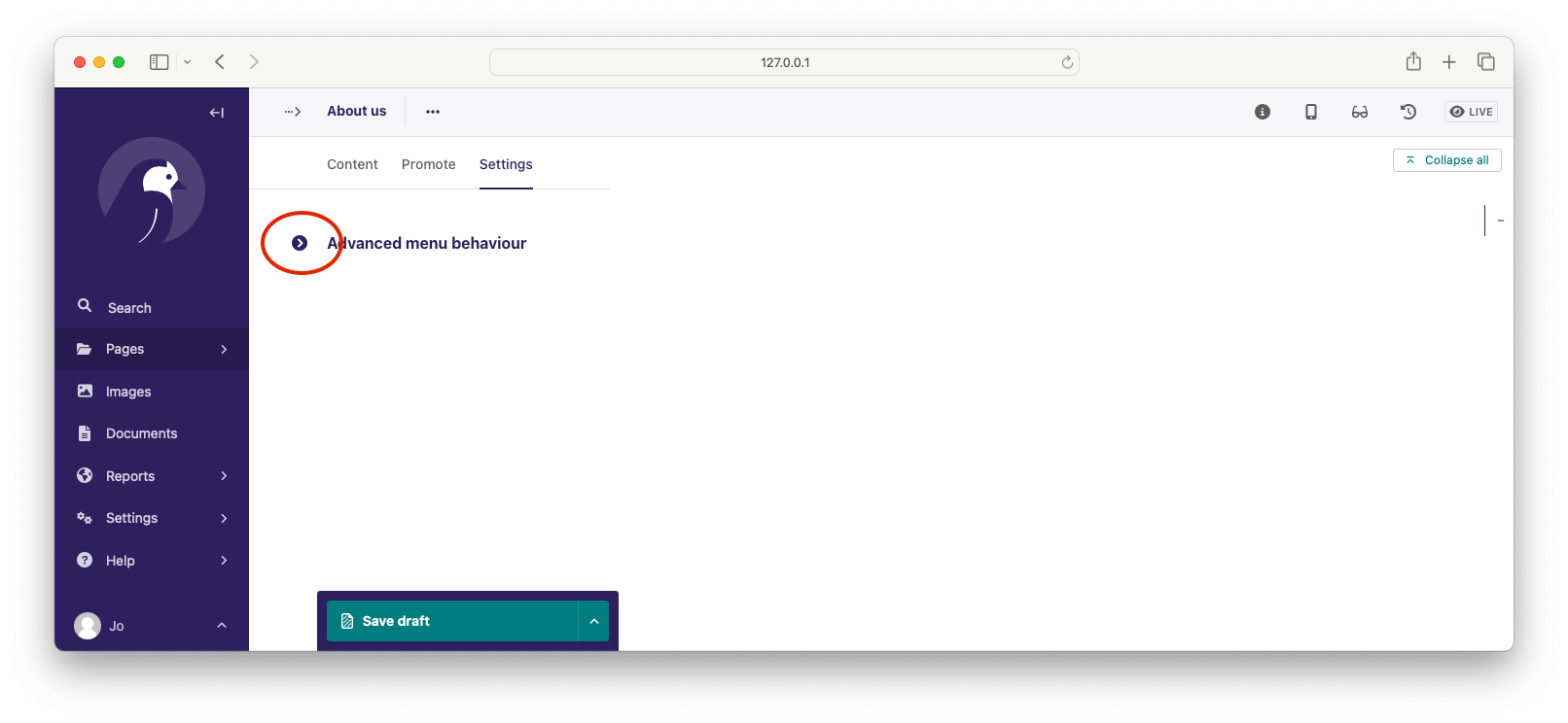 Screenshot showing the collapsed 'advanced menu behaviour' panel in the editor interface