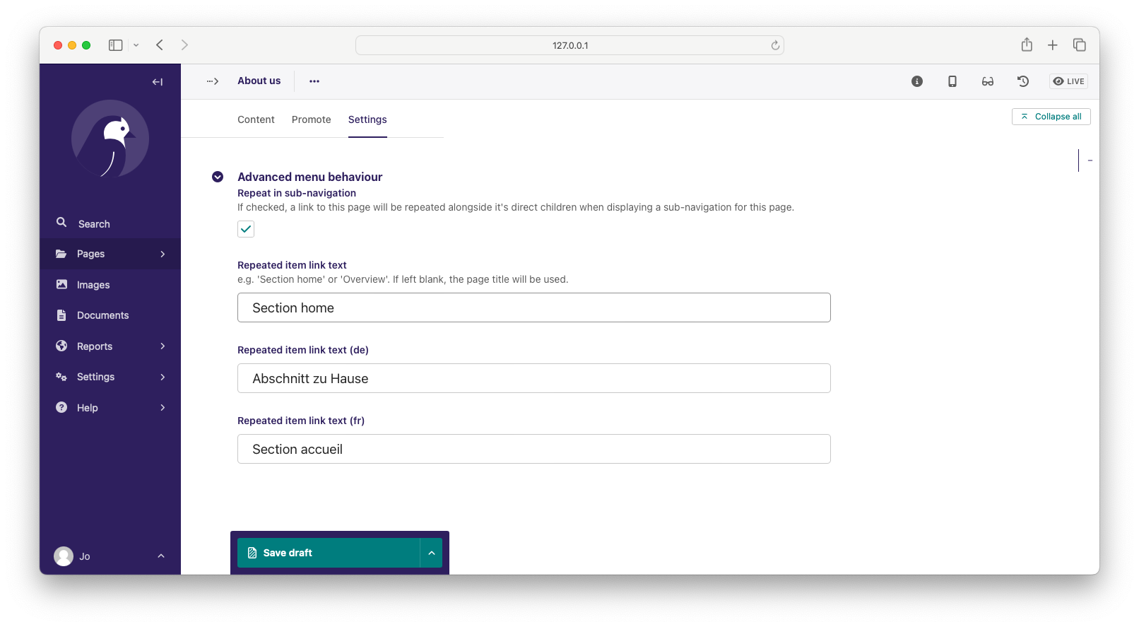 Screenshot show the expanded 'advanced menu behaviour' panel